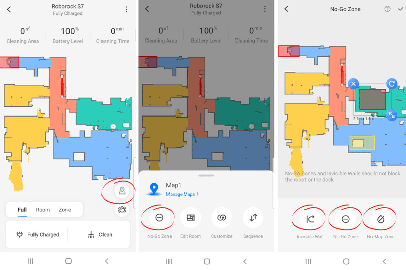 В приложении Roborock S7 нарисованы запретные зоны и зоны, запретные для мытья.
